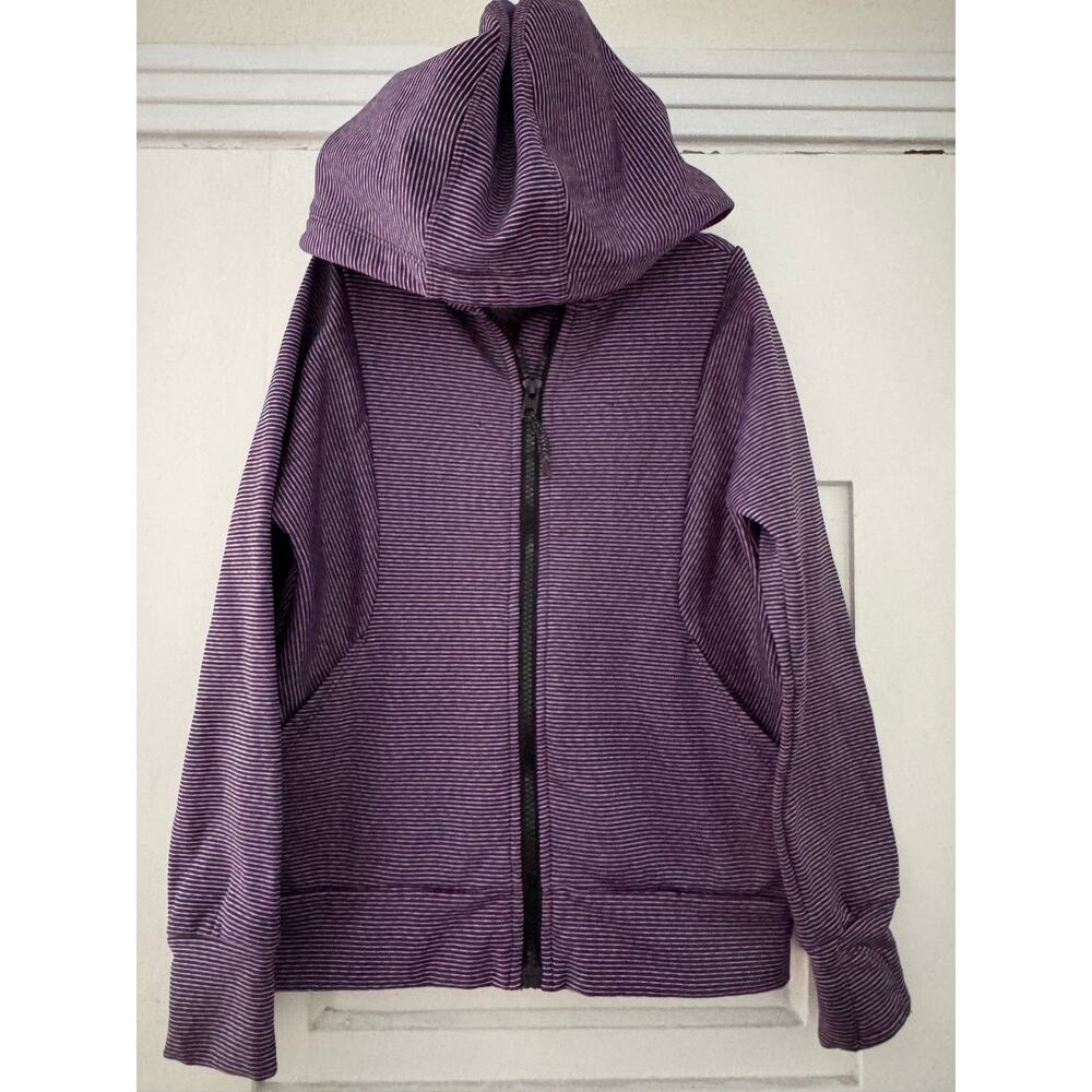 Athleta girl full zip hoodie, purple / black stripes / size 6/7
